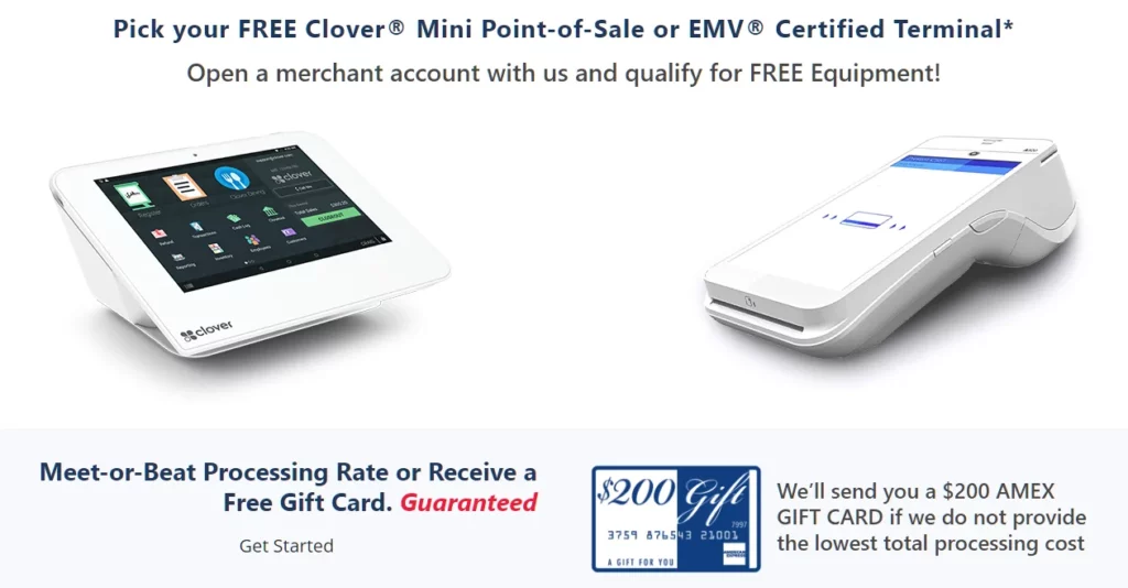 Screenshot from Flagship webpage showing how you can pick your free Clover Mini Point-of-Sale or EMV Certified Terminal with a merchant account