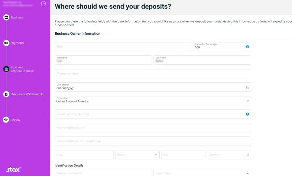 Stax business form asking where to send your deposits